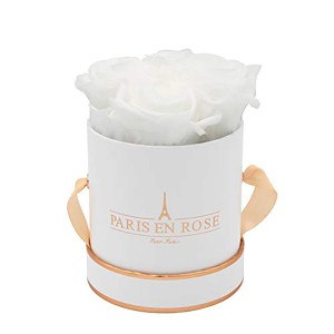 Rosenbox mit 4 weißen Rosen in weiß-roségoldener Box (Ø 10cm).