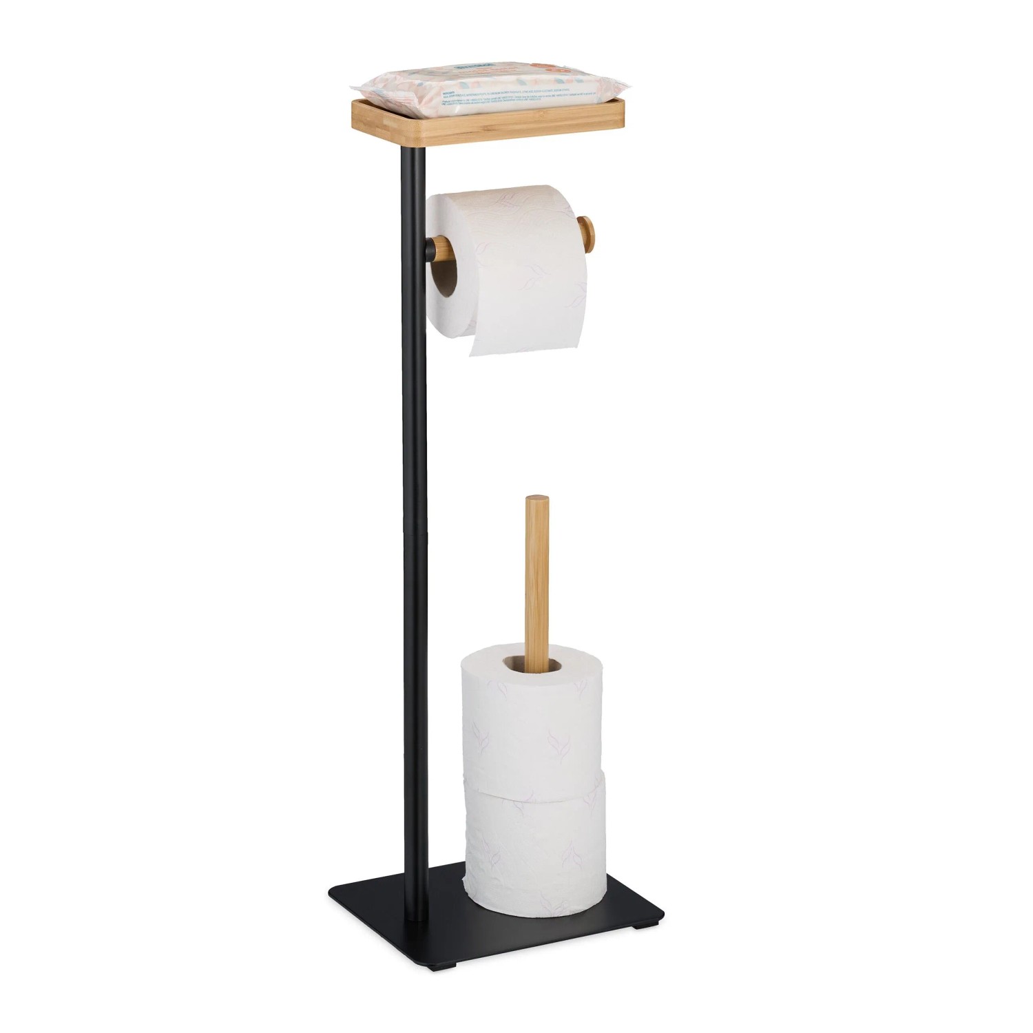 Relaxdays Toilettenpapierhalter mit Bambus Ablage Schwarz 65 cm x 22 cm x 18 cm