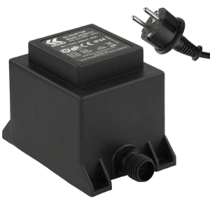 Schwarzer Kerry Electronics Trafo 60W 12V mit Netzkabel und 2-Pin-Stecker für Elektroinstallation.