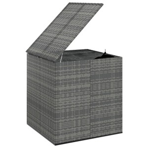Graue VidaXL Garten-Kissenbox aus PE-Rattan mit geöffnetem Deckel. Universalbox für Gartenmöbel.
