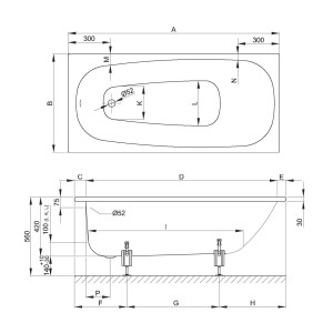 Technische Zeichnung der weißen Bette Steel Badewanne, 160x70 cm, mit Maßangaben.