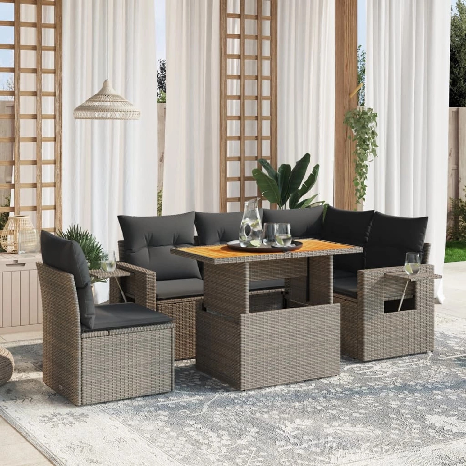 Graue 6-tlg. vidaXL Garten-Sofagarnitur aus Rattan mit Tisch und Kissen.