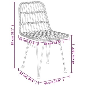 Skizze eines Gartenstuhls aus Poly Rattan mit Maßangaben, Teil der vidaXL 3-tlg Essgruppe.