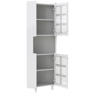 Weißer Eckschrank, 63x157cm, mit offenen Türen, strukturierten Glasfronten und Regalböden. Moderne Vitrine.