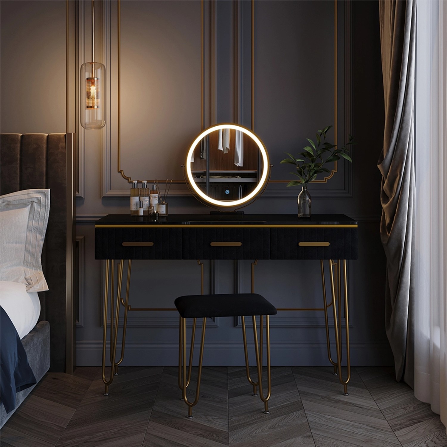 Vicco Schminktisch Layla Schwarz 100 cm mit LED Spiegel und Hocker günstig online kaufen