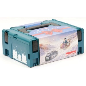 Türkiser Makita MAKPAC Adventskalender mit weihnachtlichem Design, Santa und Batterie auf Schlitten.