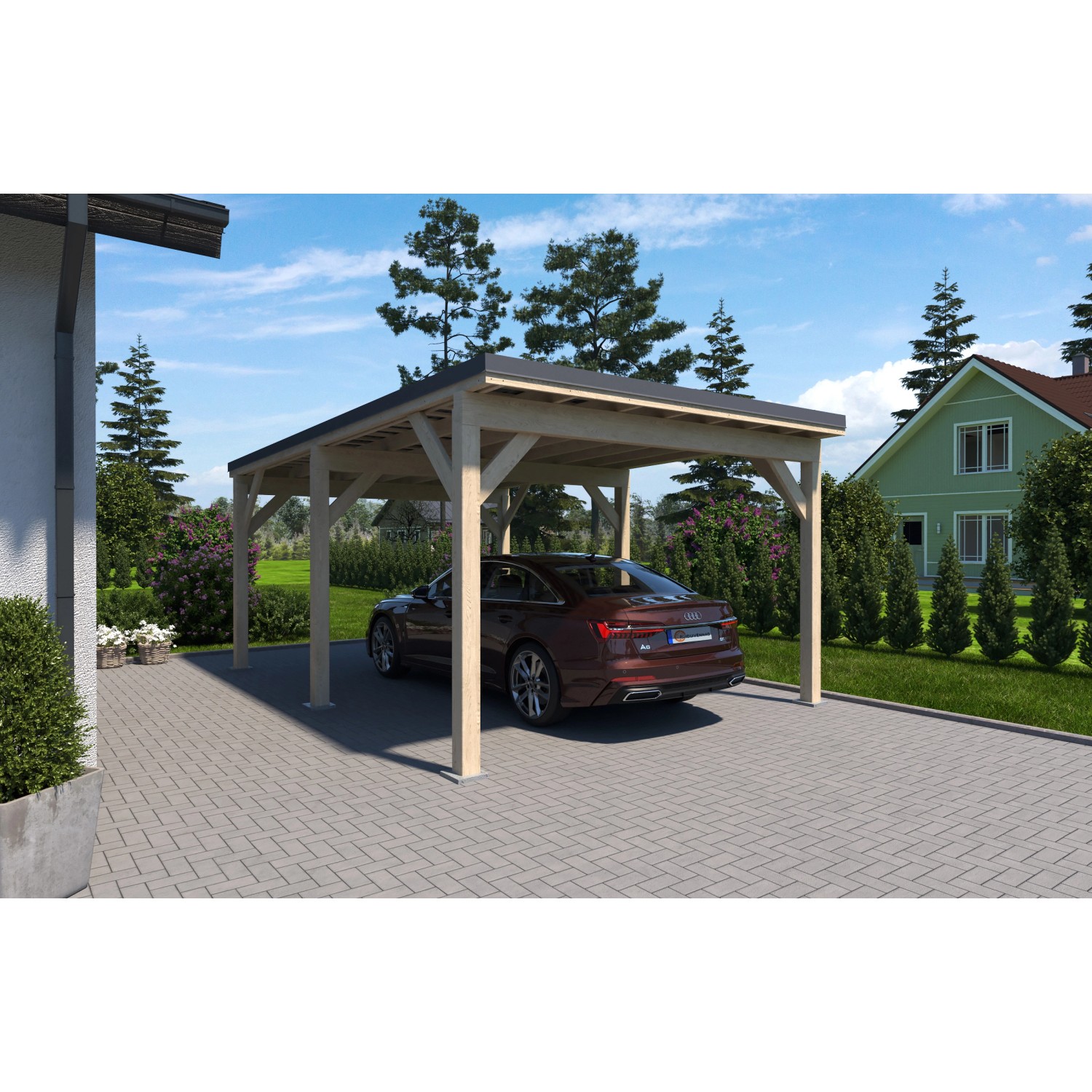 Holzbrüder Einzelcarport Ralf Natur mit rotem Blechdach und Auto.