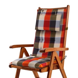 Beautissu Sun-HL Hochlehner Auflage, orange-beige-kariert, auf Holzstuhl. Gepolstertes Gartenstuhl-Sitzkissen mit Kopfpolster.