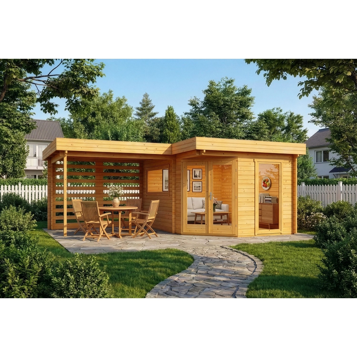 Alpholz 5-Eck Holz-Gartenhaus Pepe Optima 618x462cm Imprägniert Pinie 34mm Wandstärke