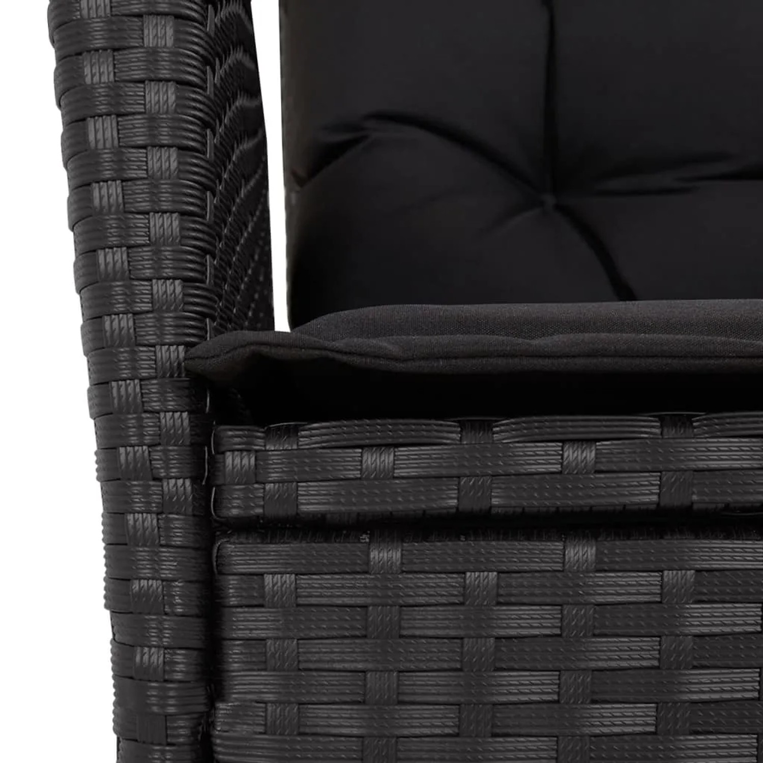 Detailansicht der schwarzen vidaXL Garten-Essgruppe aus Poly Rattan mit Kissen.