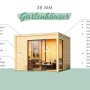 Modernes Karibu Gartenhaus Kubus 1 aus Fichte mit 38mm Wänden, Flachdach und großer Glas-Schiebetür.