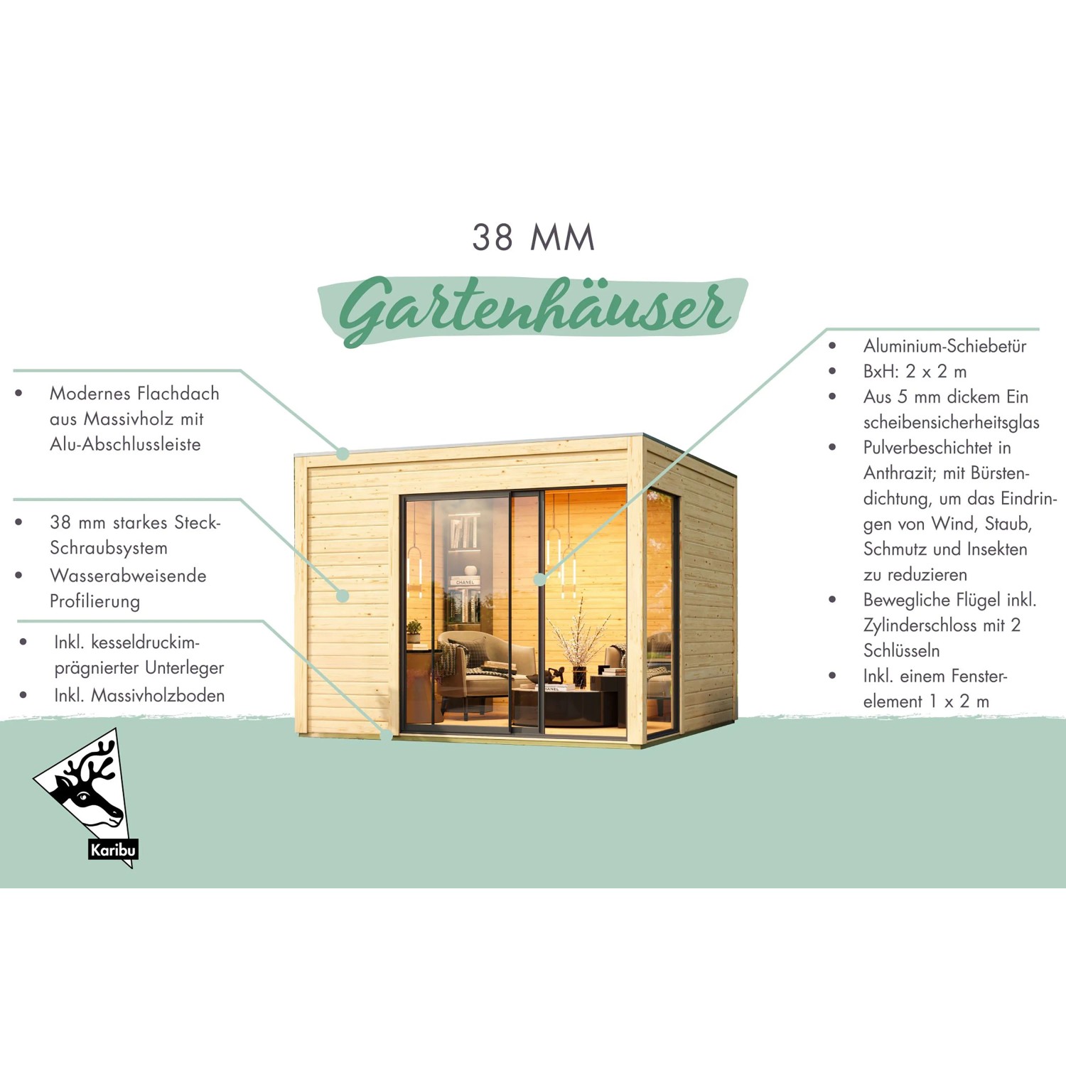 Modernes Karibu Gartenhaus Kubus 1 aus Fichte mit 38mm Wänden, Flachdach und großer Glas-Schiebetür.