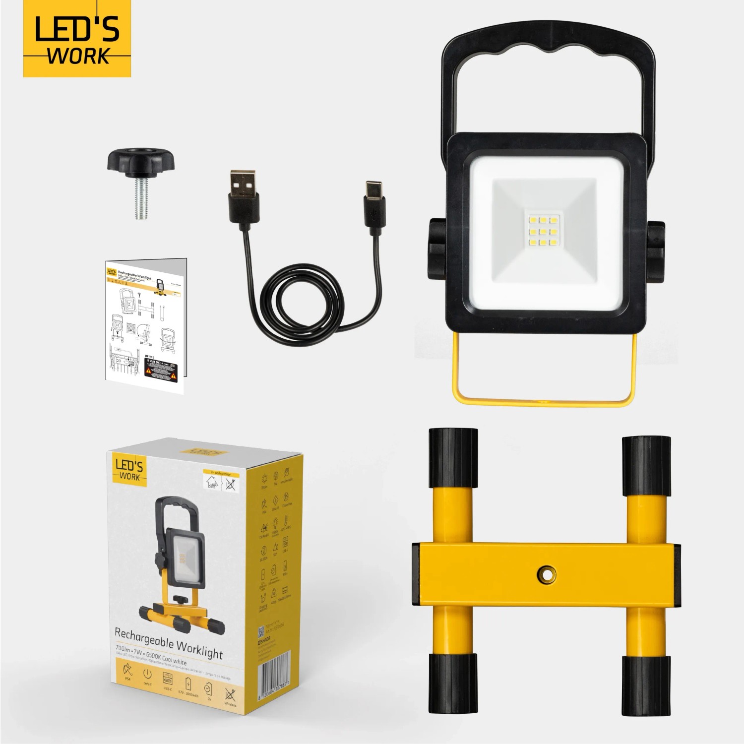 LED Arbeitsleuchte aufladbar, 700lm, 6500K, IP54, schwarz-gelb, mit Zubehör.