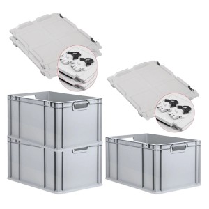 PROREGAL SuperSparSet: 3 graue Euroboxen mit Scharnierdeckel und schwarzen Schiebeverschlüssen.