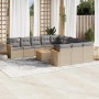 Beige 12-tlg. Garten-Sofagarnitur aus Polyrattan mit grauen Kissen und Tisch.