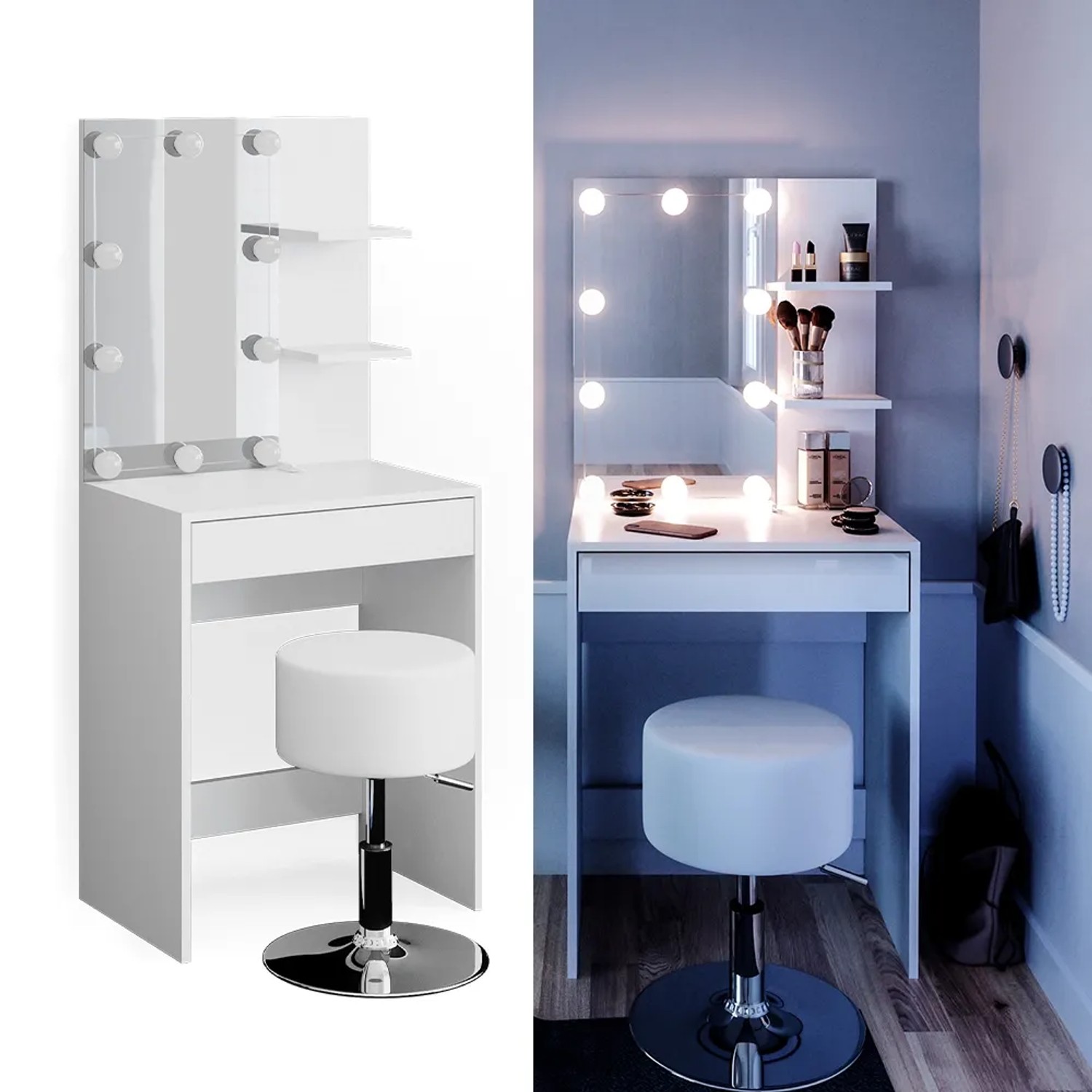 Weißer Vicco Schminktisch Isabelle mit LED, Spiegel und Hocker, ideal für die Beauty-Ecke.