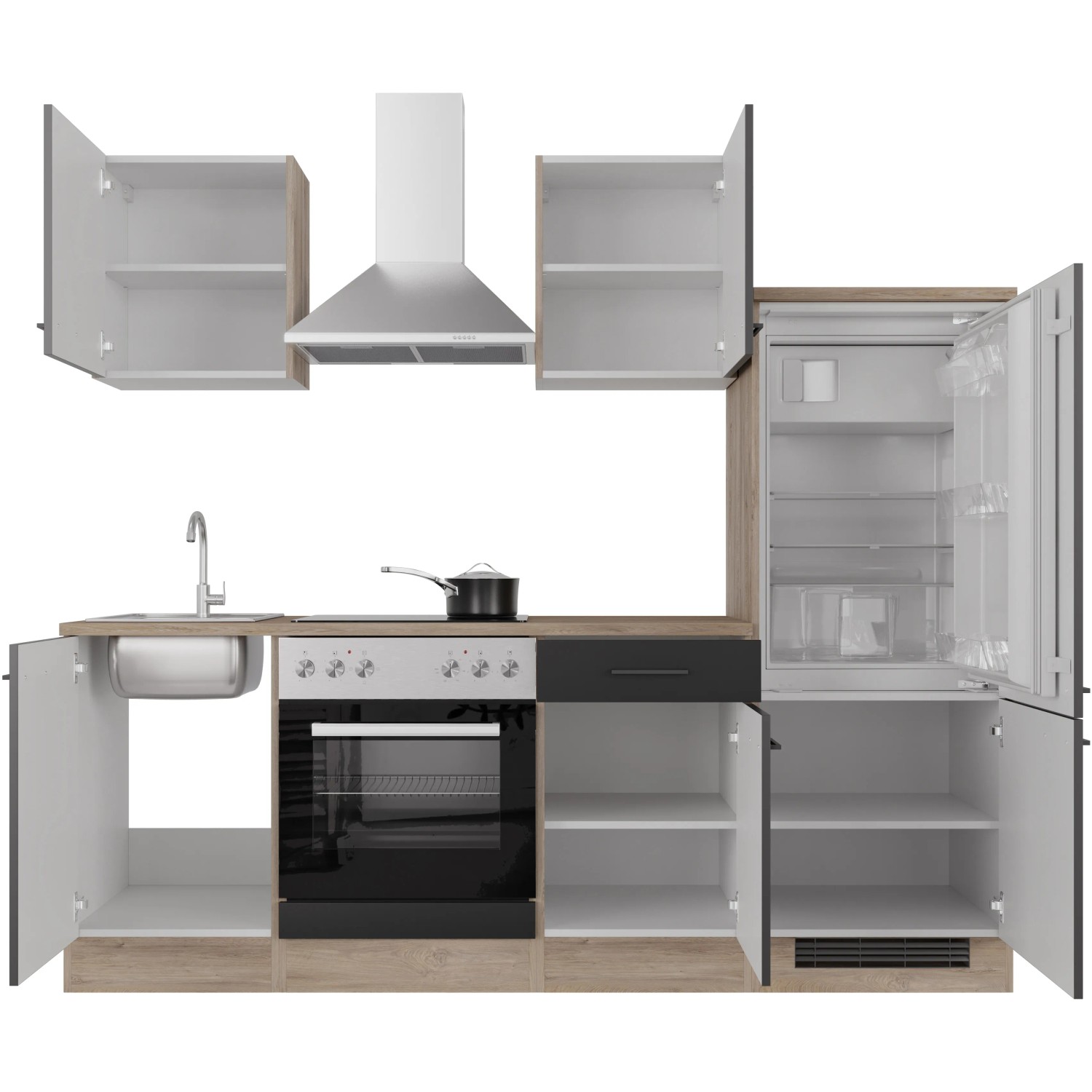 Flex-Well Küchenzeile Capri 220 cm in Schwarz Matt und Endgrain Oak mit E-Geräten und Spüle.