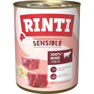 Rinti Sensible Hundenassfutter Rind & Reis, getreidefrei, 800g Dose für sensible Hunde.