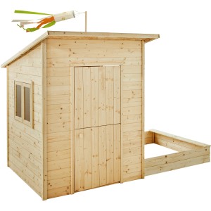 Soulet Kinderspielhaus Palm Springs aus Holz mit Sandkasten und Windspiel.