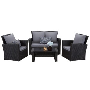 Schwarzes MeXo Polyrattan Balkonmöbel Set für 4 Personen mit Tisch und grauen Kissen.