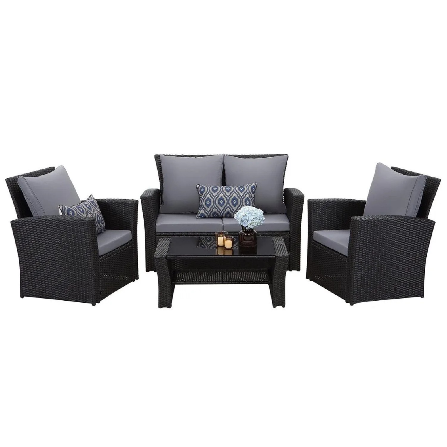 MeXo Poly Rattan Balkonmöbel Set für 4 Personen Schwarz