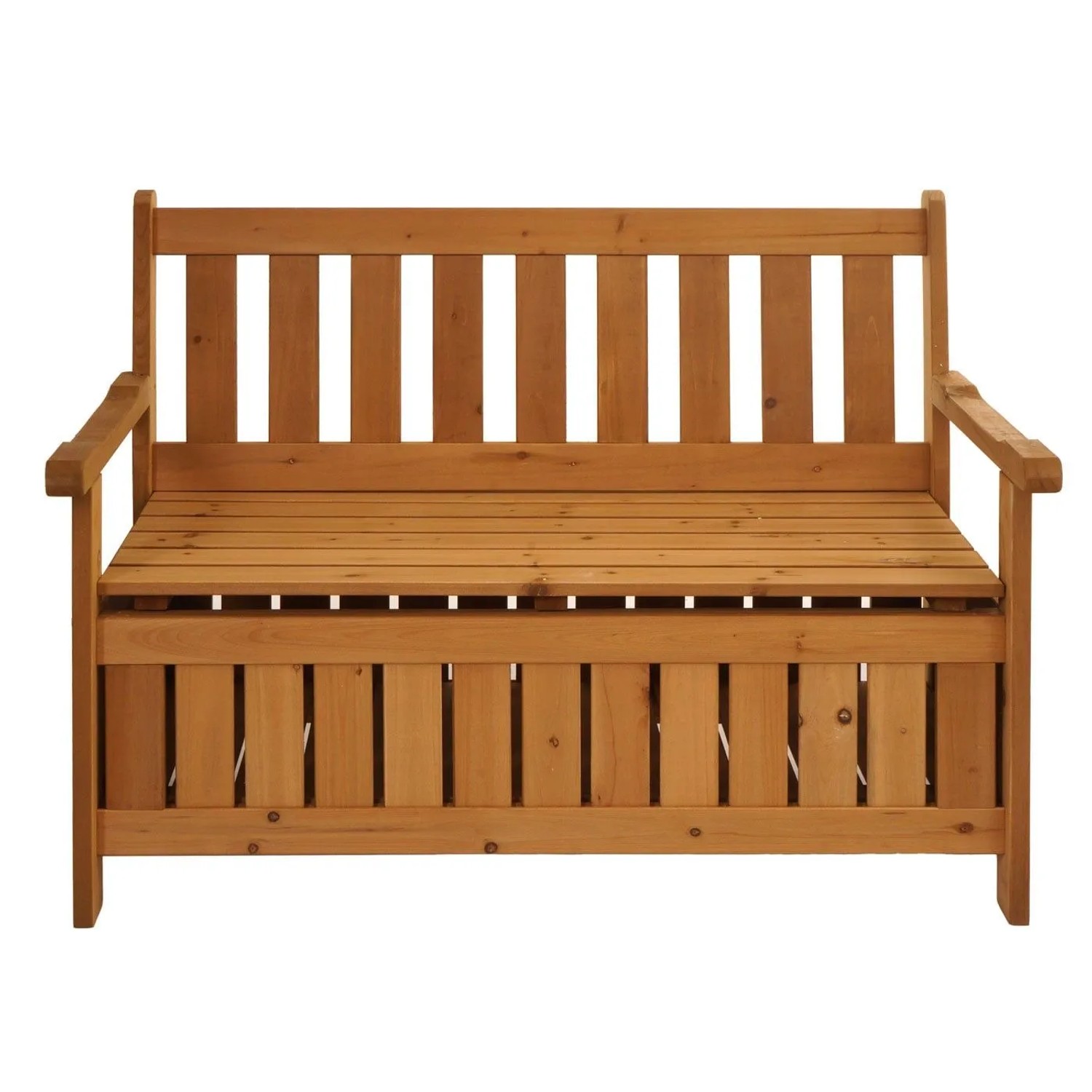Braune Gartenbank aus Tannenholz mit Stauraum unter der Sitzfläche. Truhenbank für den Outdoorbereich.