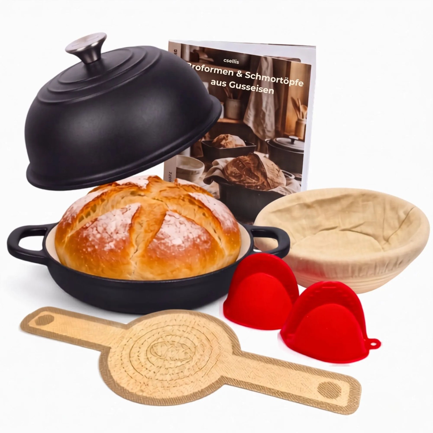 osoltus Brotbackform Kuppeldeckel Set Gusseisen Topf 26cm Emaille Schwarz