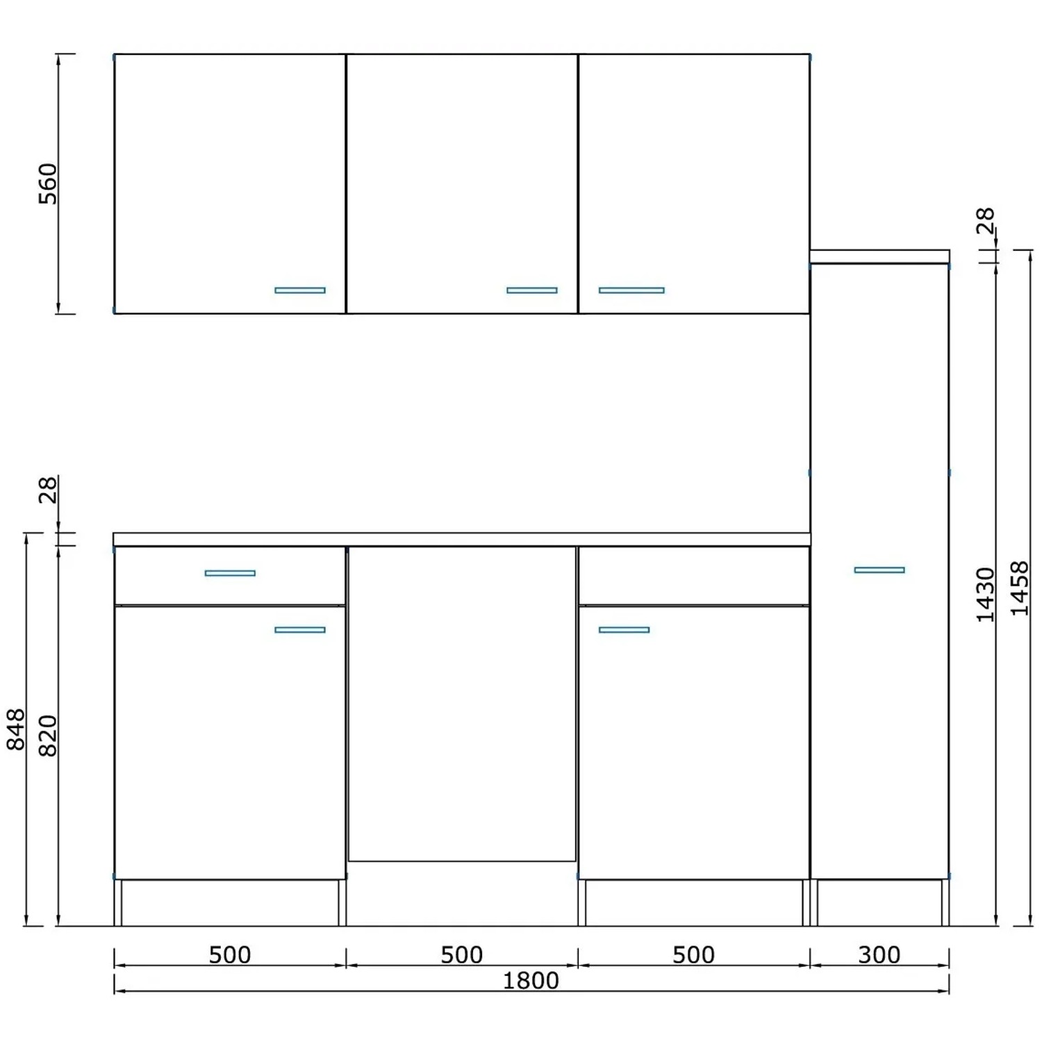 Respekta Küchenzeile KB150WSC, 150 cm, Schwarz-Weiß, mit Glaskeramikkochfeld und Einbaukühlschrank.