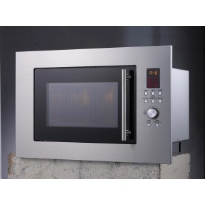 PKM Einbau-Mikrowelle MW900-23G-IN aus Edelstahl, mit Grillfunktion und digitaler Anzeige.