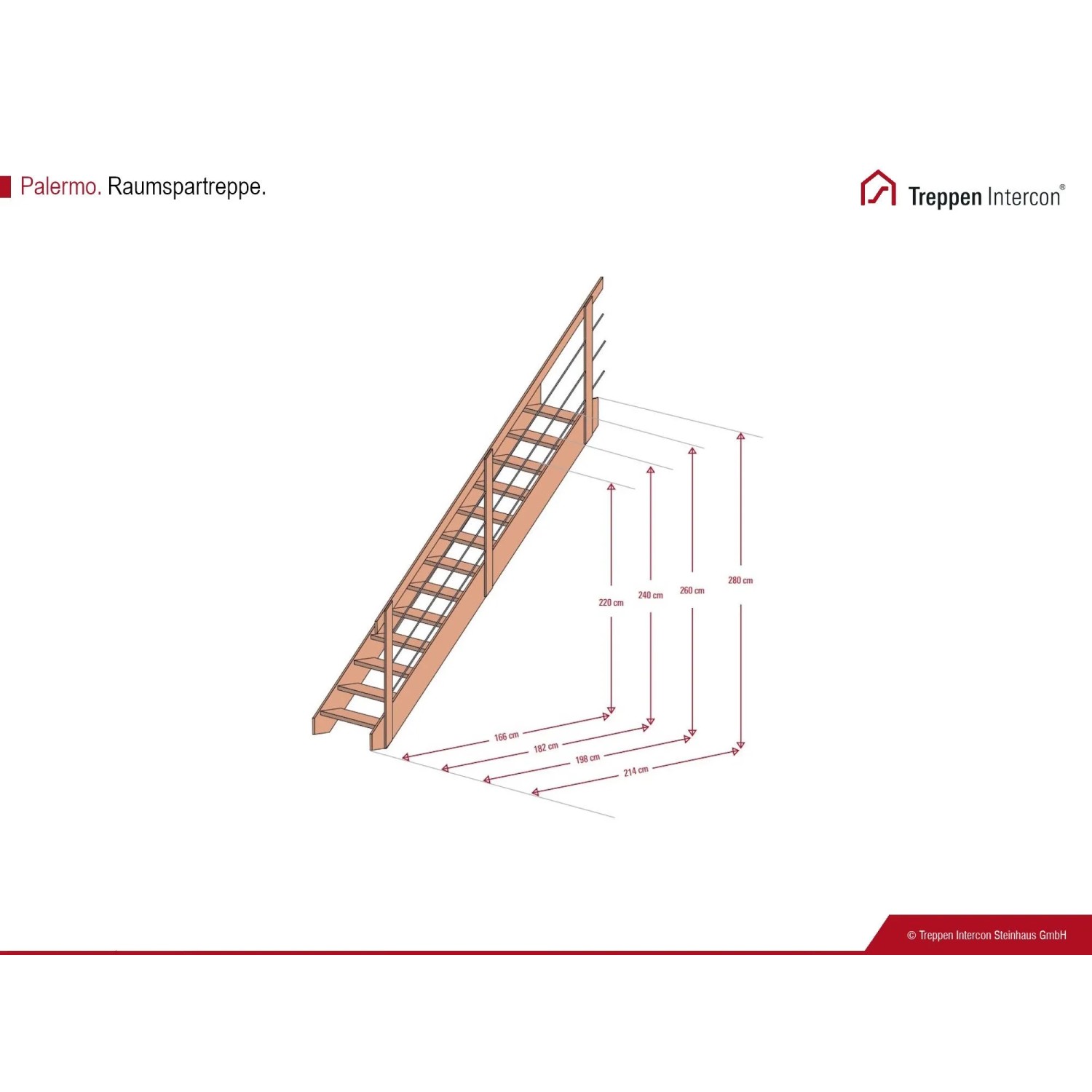 Technische Zeichnung der Intercon Palermo Raumspartreppe aus Holz mit Maßen für Geschosshöhen bis 280 cm.