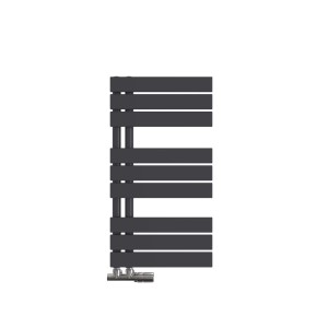 Schwarzer Emke Badheizkörper (76x40cm, 343W) als Handtuchwärmer/Handtuchtrockner.