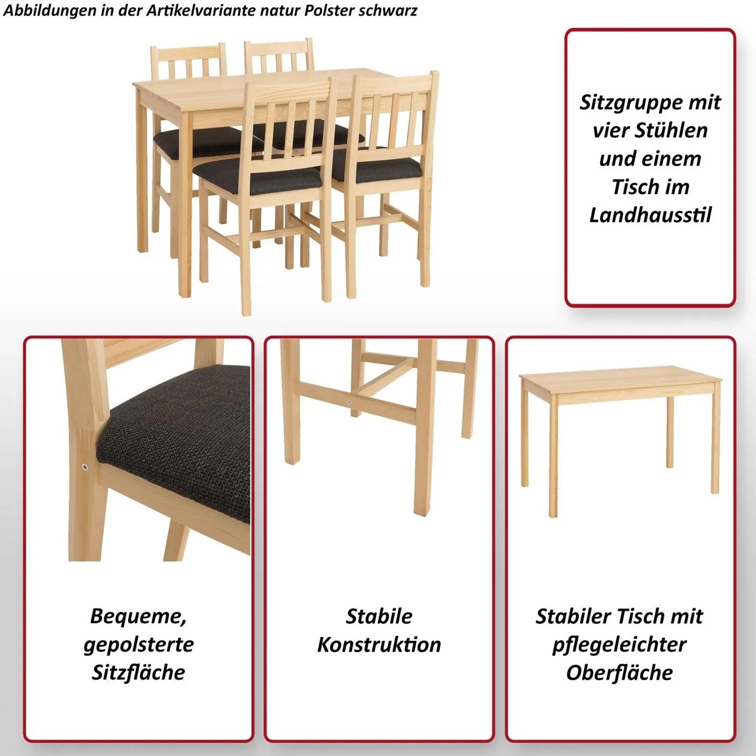 MCW Esszimmer-Set Landhausstil: Kiefer Massivholz Tisch und 4 Stühle mit schwarzem Polster. Stabil, gepolstert.
