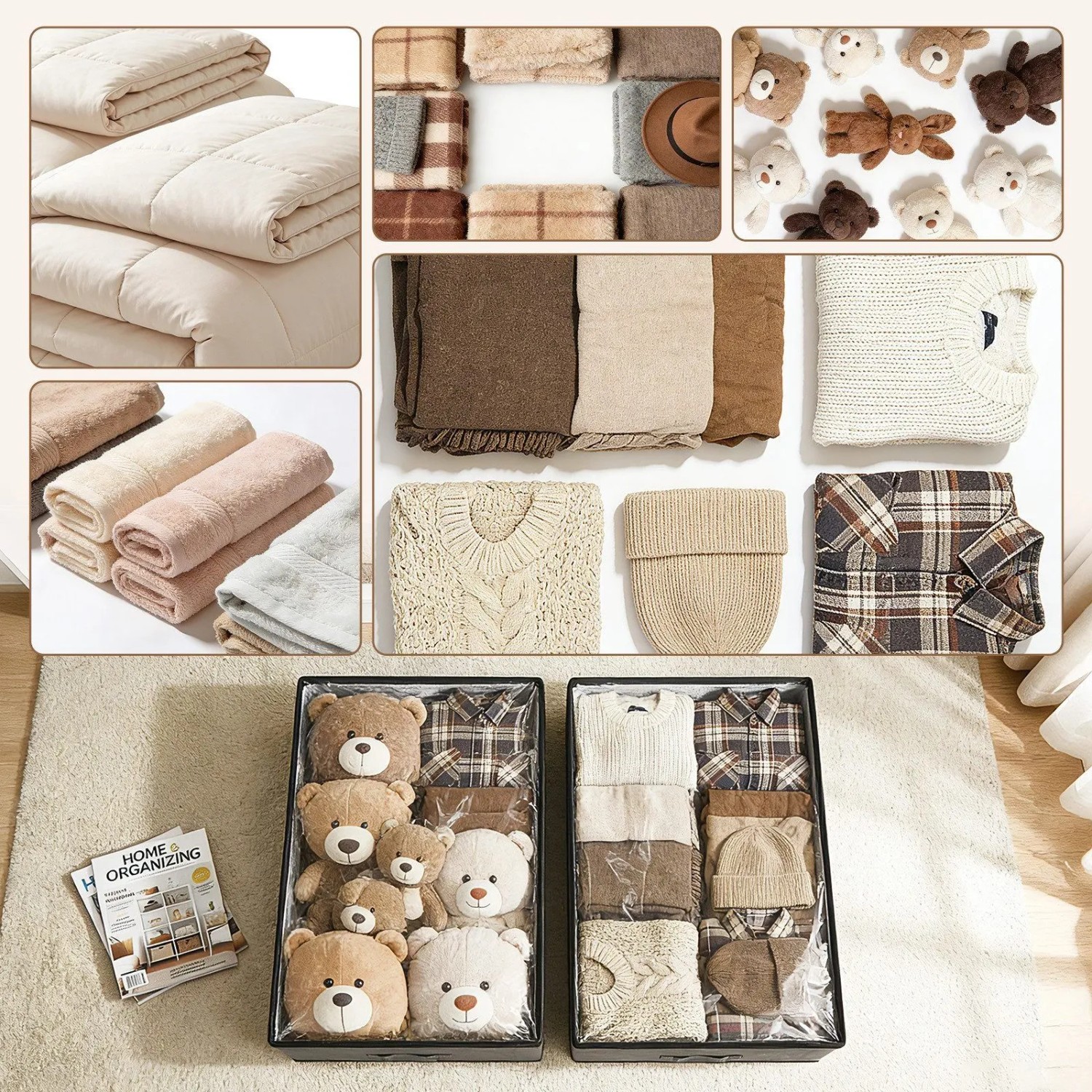 Zwei Sekey Unterbett Aufbewahrungsboxen mit transparentem Deckel, gefüllt mit Kleidung und Teddybären, für Kleiderschrank Aufbewahrung.
