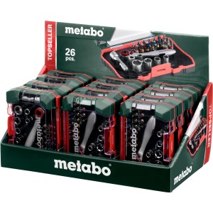 Metabo Bitbox und Ratschenset, 26-teilig, im Display. Bitset mit farbcodierten Bits und Steckschlüsseln.