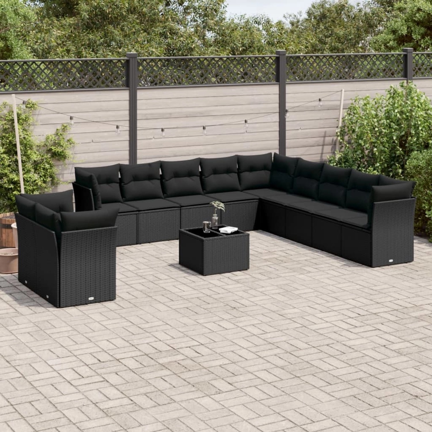 vidaXL Garten-Sofagarnitur, 12-teilig, schwarz, Poly Rattan mit Kissen. Gartenmöbel Set mit Tisch und Polstern.