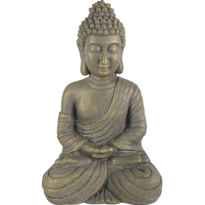 Goldbraune Buddha Gartenfigur, 50 cm hoch, aus Polystein für den Außenbereich.