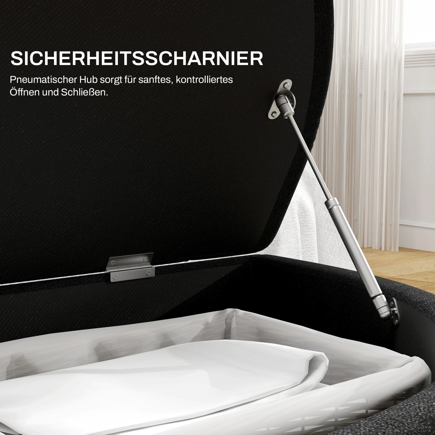 Geöffnete, dunkelgraue HOMCOM Sitzbank mit Stauraum und Sicherheitscharnier.