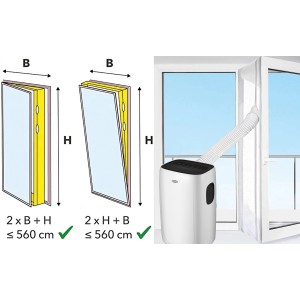 Türabdichtung Hot Air Stop für Balkontür/Verandatür mit Klimagerät und Schemazeichnung.