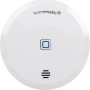 Weißer, runder Homematic IP Wassersensor für Smart Home. Kompaktes Design mit blauem Indikator und Sirenenöffnung.