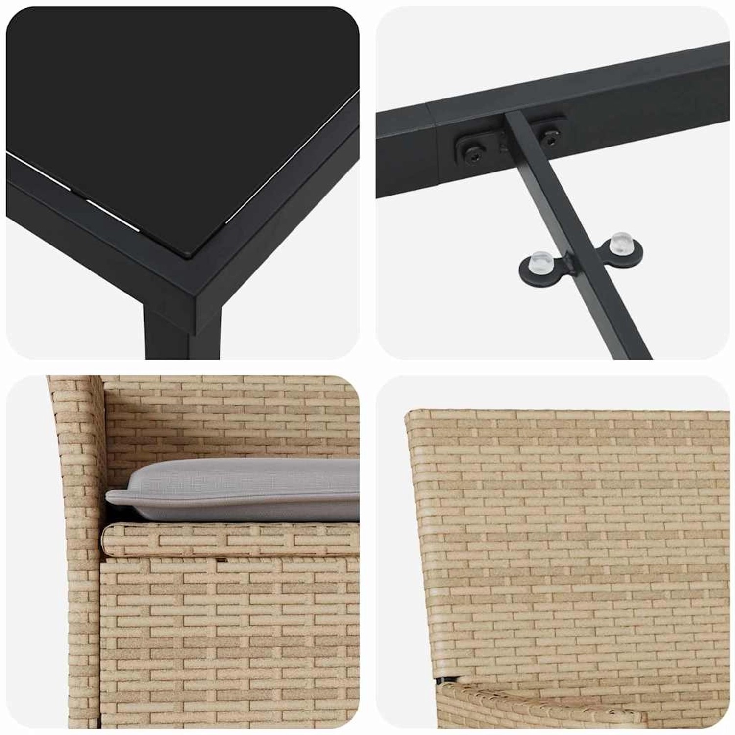 Detailansicht: Beige vidaXL Garten Essgruppe mit Poly Rattan, Tischplatte aus Glas, Stahlrahmen und Sitzkissen.