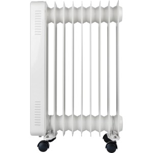 Weißer, mobiler Ölradiator Hultsfred mit 9 Rippen und schwarzen Rollen.