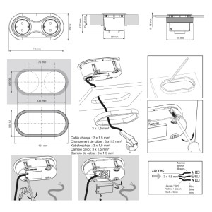 SOTECH Doppel Einbausteckdose Oval Edelstahloptik Gebürstet mit 1x Schuko 2x USB