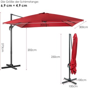 Roter COSTWAY Ampelschirm 300x300 cm mit Kurbel, 360° drehbar, offen und geschlossen dargestellt.