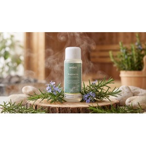 WekaPur Sauna-/Dampfbadduft Rosmarin in klarer Flasche auf Holzscheibe, umgeben von frischem Rosmarin und Dampf.