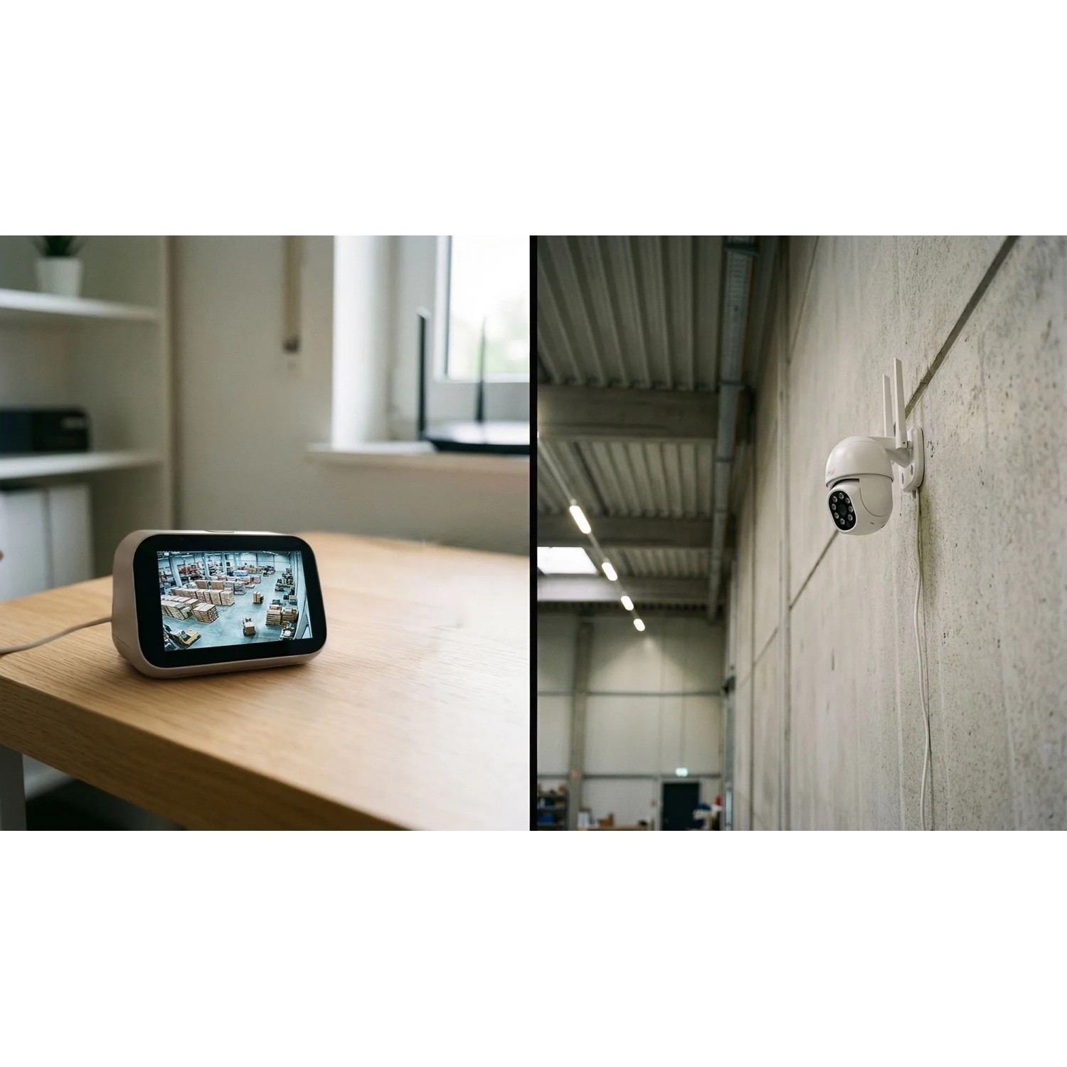 Technaxx Mini-Überwachungskamera-Set TX-389: Monitor zeigt Live-Bild, weiße Außenkamera an Wand. Videoüberwachung für innen/außen.
