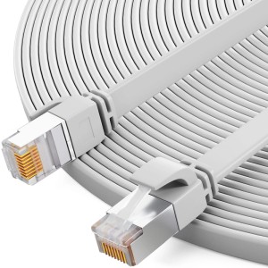 Weißes hb-digital CAT 7 Flachkabel (7.5m) mit RJ45 Stecker auf Rolle. Netzwerkkabel für bis zu 10 Gbit/s.