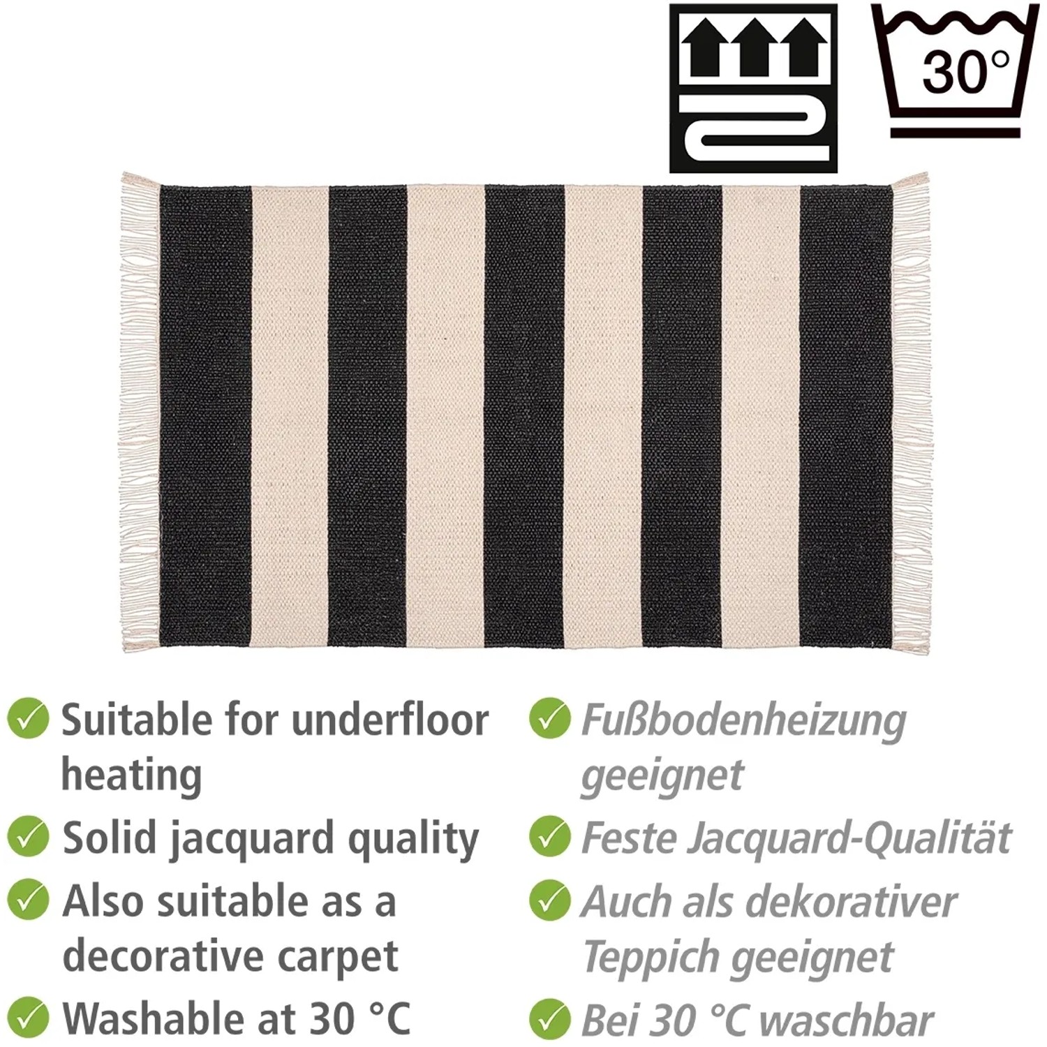 Wenko Badematte Kasi, Baumwolle recycelt, schwarz-weiß gestreift, 50x80cm