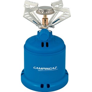 Campingaz Gaskocher Camping 206 S mit blauem Sicherheitsgehäuse und Topfhalter.