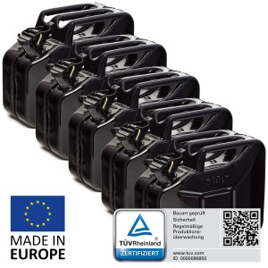 5 schwarze 10L Metall Kraftstoffkanister, TÜV-geprüft, für Benzin, Diesel & E10. Pannenhilfe & Erste Hilfe im OBI Online-Shop.