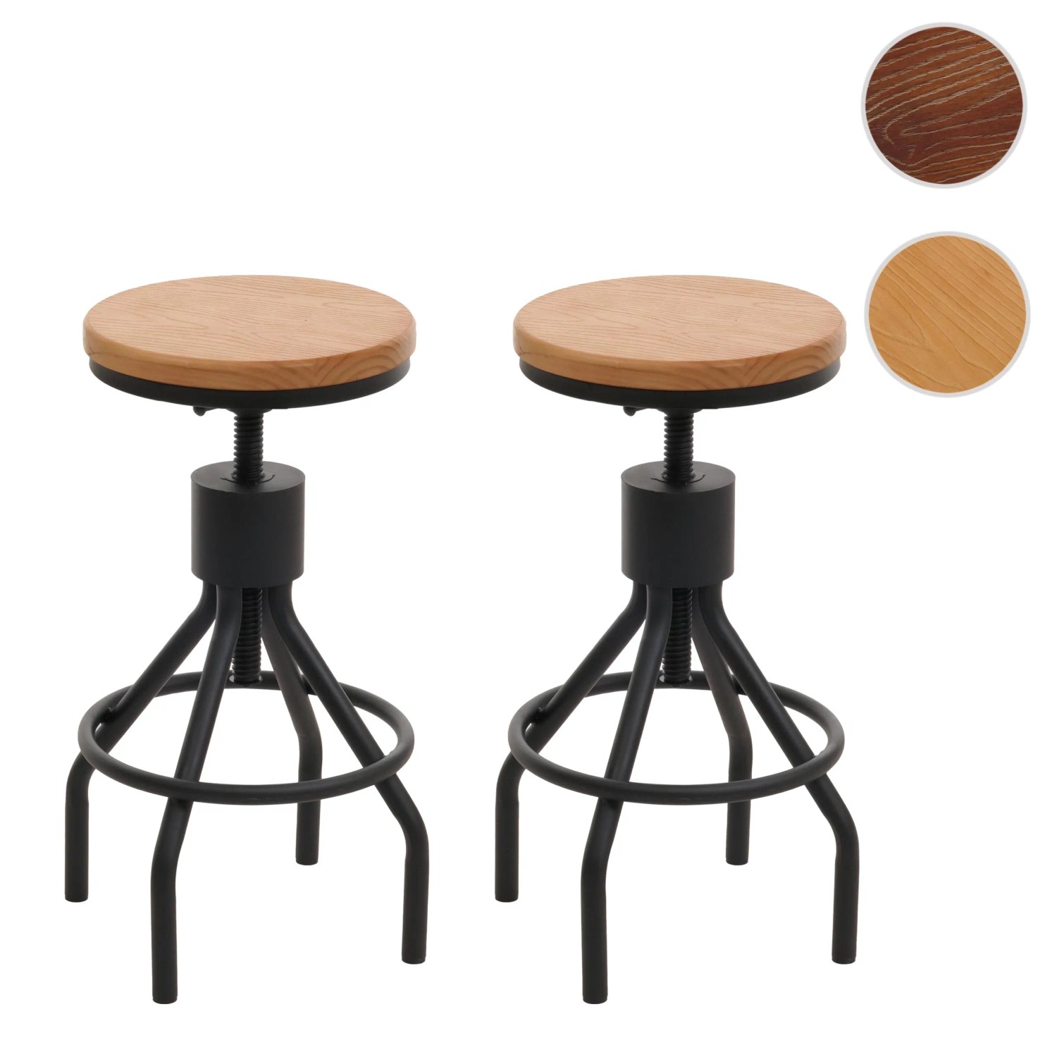 2er Set Barhocker N17 im Industrie Design mit Holz Sitzfläche und schwarzem Metallgestell.